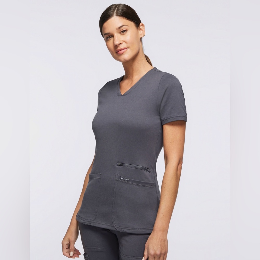 Jaanuu Women's 4-Pocket V-Neck Scrub Top in Slate - Size XL